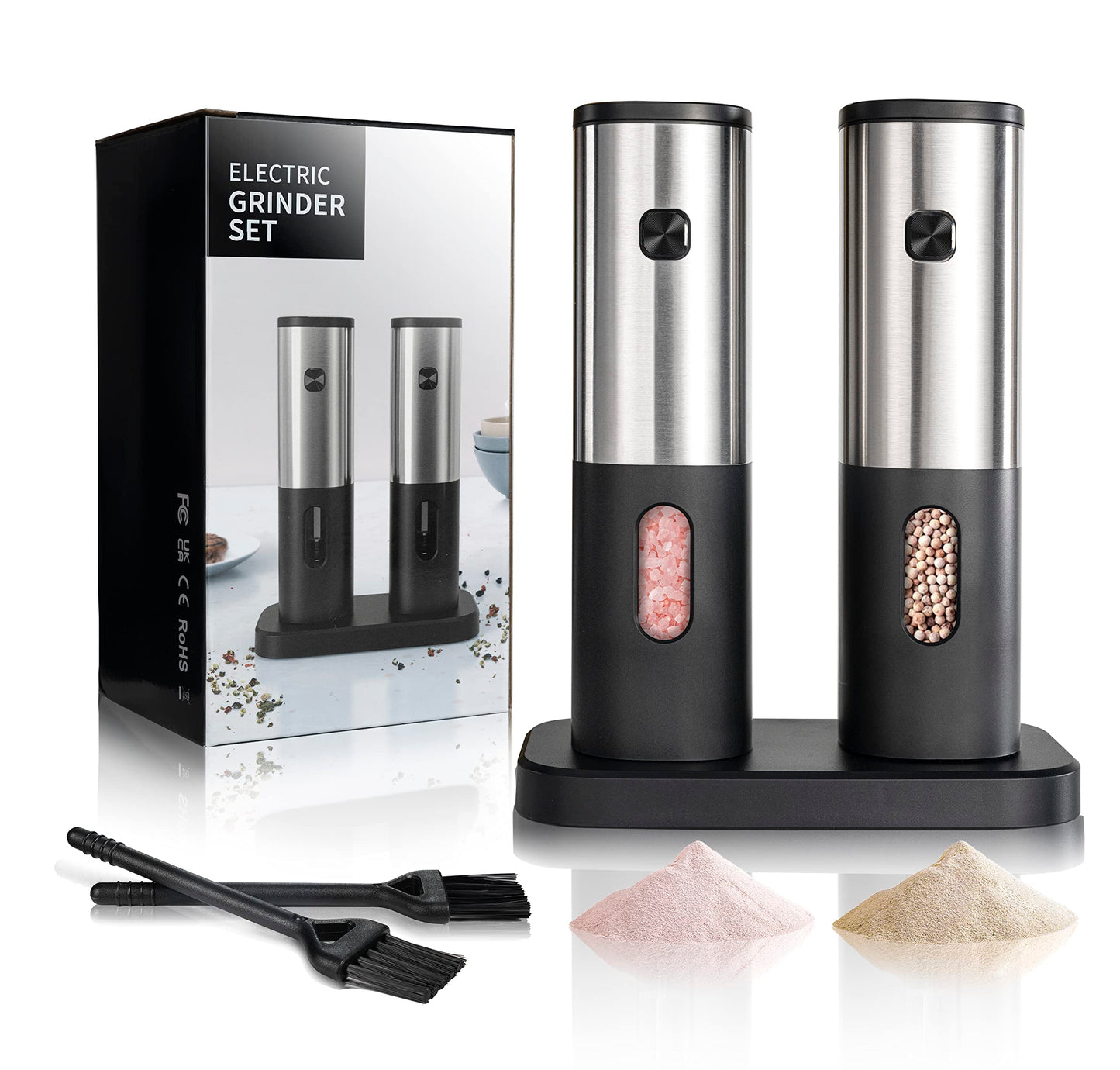 Battery Operated Salt and Pepper Grinder Set, Electric Salt Grinder with Storage Base, One Hand Automatic Operation, Stainless Steel Black 2 Pack
