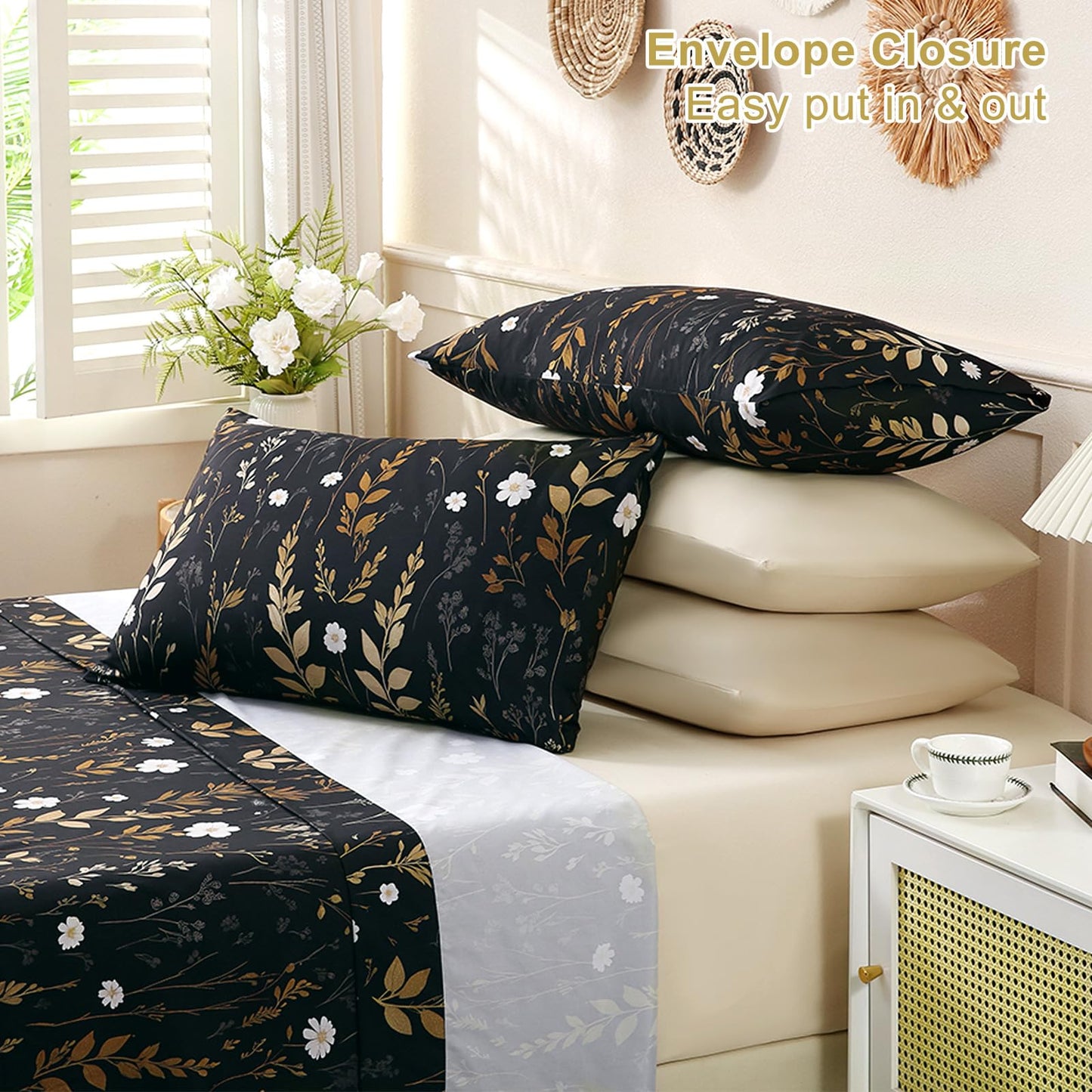 Botanical 6-Piece Queen Bed Sheets Set, Boho Floral Print Brushed Microfiber Sheets, Cooling Bed Sheet Set, Ultra Soft & Breathable, 16' Deep Pocket Fitted Sheet & Pillowcase Set, Beige Brown Leaves