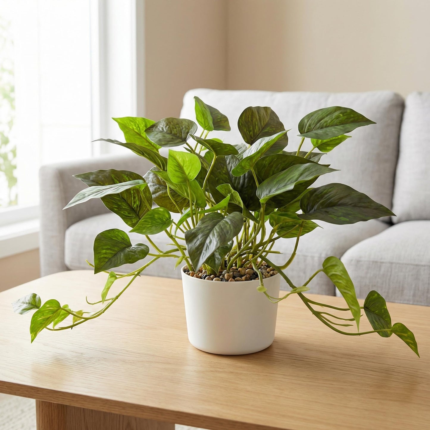 TentoWhan Artificial Plants Faux Pothos with Plastic White Pot Artificial Potted Plant for Home Office Bedroom Indoor Outdoor Decor 1 Pack(Dark Green)