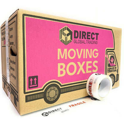 25 Strong Large Cardboard Storage Packing Moving House Boxes with Fragile Tape 52cm x 30cm x 30cm 47 Litres Carry Handles and Room List