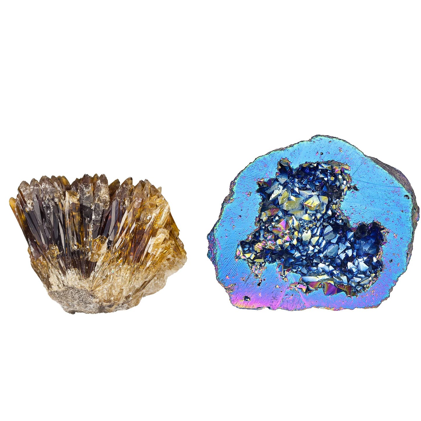 mookaitedecor Bundle - 2 Items: Natural Raw Amber Calcite Crystal Cluster Geode Stone & Angel Aura Quartz Geode Stone Titanium Coated Rock Crystal Specimen for Home Decor