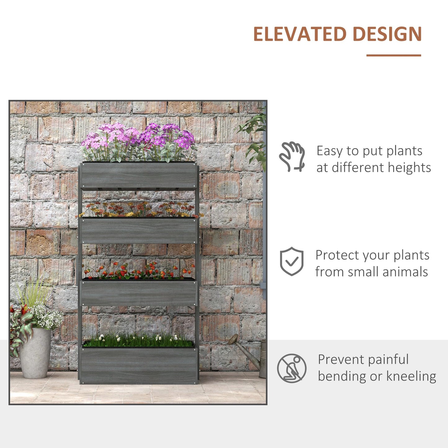 Outsunny Vertical 4 Tier Raised Garden Bed, Wooden Planter Box, Self-Draining with Bed Liner for Indoor Outdoor Flowers, Vegetables and Herbs, Gray