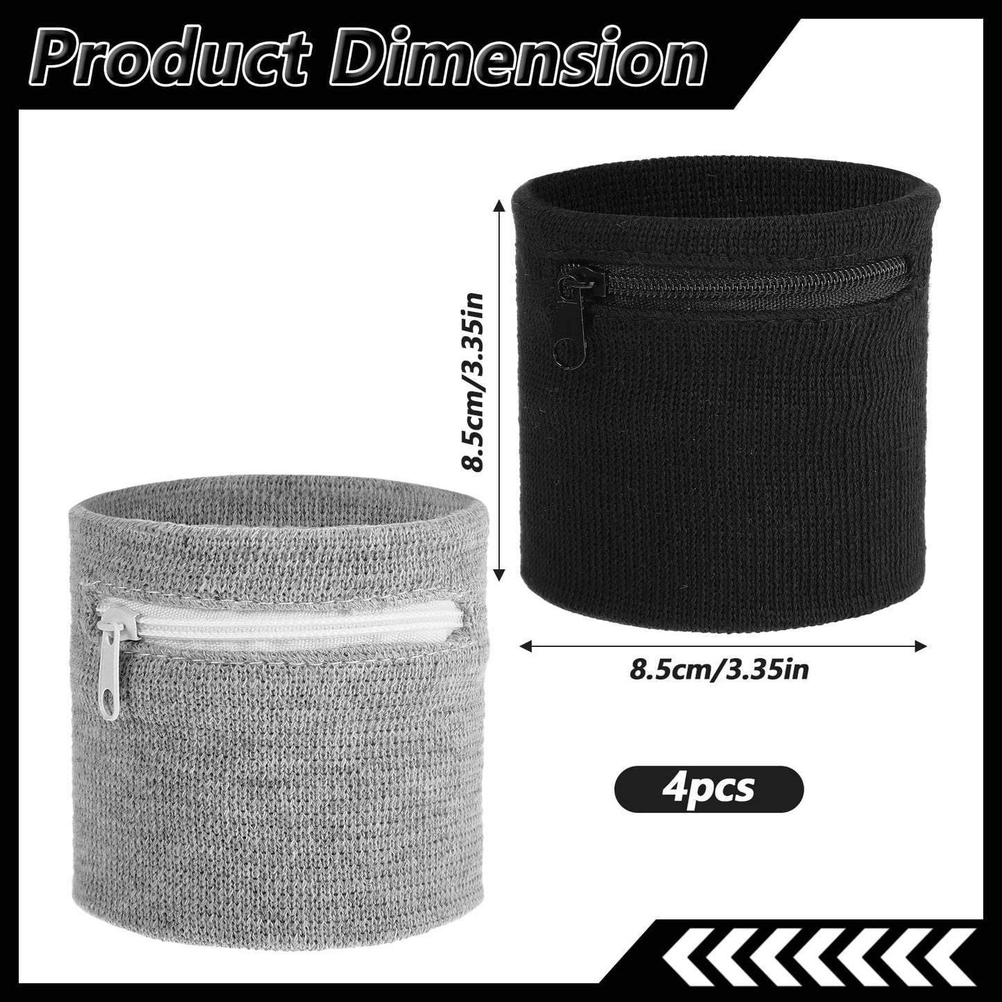 Aphumedc 4 Pcs Wrist Wallet Wrist Sweat Bands with Zipper Breathable Sweat-Wicking Wristband Pouch for Women Men Ankle Wallet Carry Cell Phone Keys Cash for Running Walking - Black & Gray