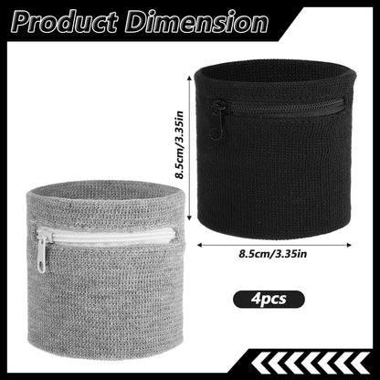 Aphumedc 4 Pcs Wrist Wallet Wrist Sweat Bands with Zipper Breathable Sweat-Wicking Wristband Pouch for Women Men Ankle Wallet Carry Cell Phone Keys Cash for Running Walking - Black & Gray