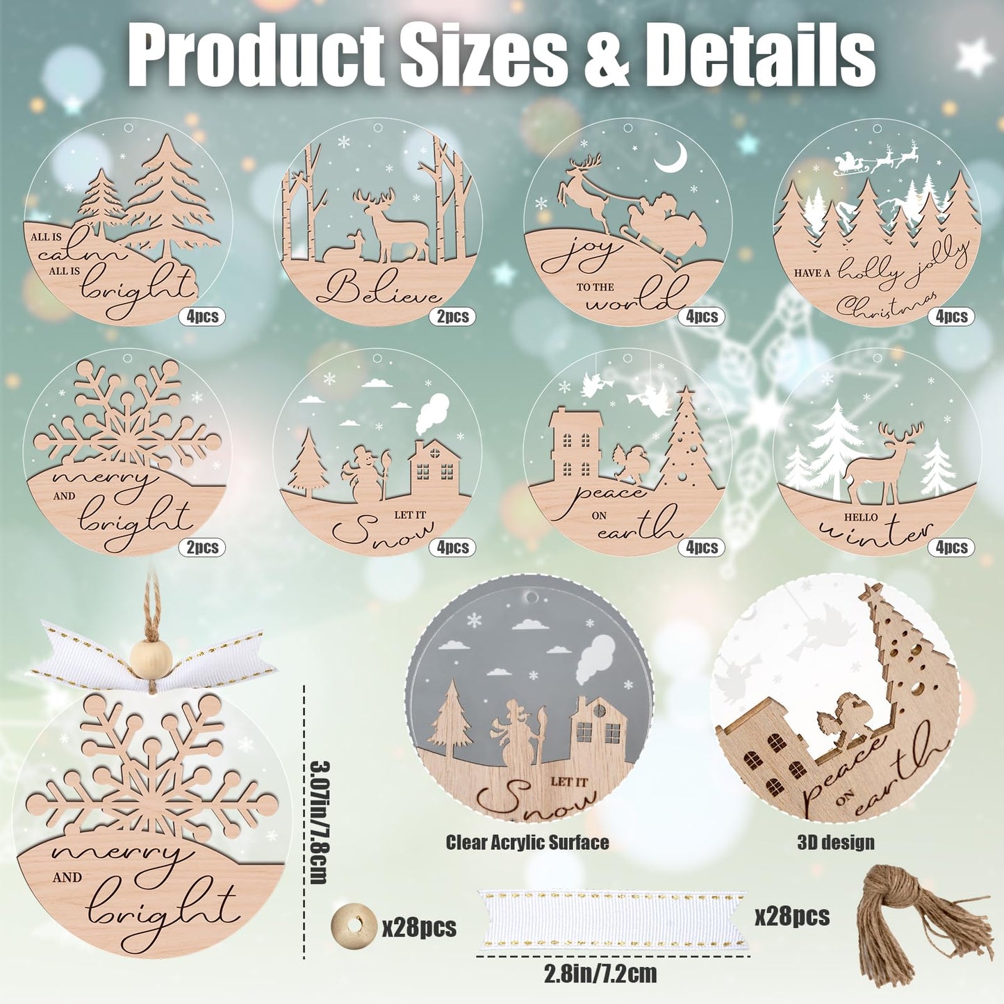 GuassLee 28pcs Winter Christmas Hanging Ornaments for Tree - 3D Wooden Acrylic Christmas Cutouts Reindeer Snowman Snowflake Ornaments for Xmas Tree Gifts Winter Party Supplies