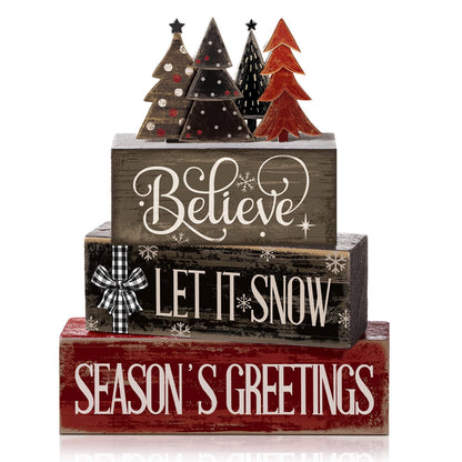 Moucuny 4 Pcs Christmas Table Decor Christmas Tree Centerpiece Rustic Decorative Tree Block Signs Gift Winter Tiered Tray Decor Farmhouse Winter Tabletop Decoration for Home Xmas Party Kitchen Shelf