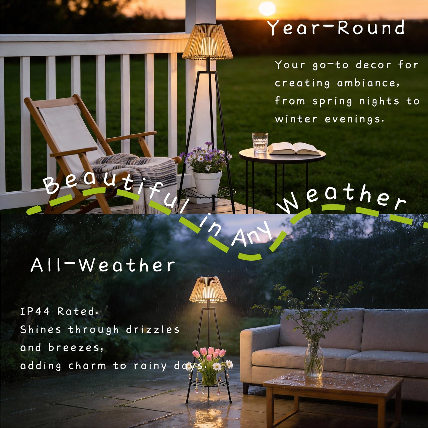 DJGIFI 2 Pack Outdoor Solar Floor Lamp, 36'' Solar Lights Outdoor Waterproof with Plant Stand, Dusk to Dawn, Warm Yellow Light, Black Metal Stand for Deck Porch Patio Garden Decor