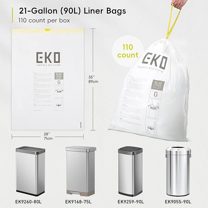 EKO 21 Gallon / 50-90 Liter, Extra-Strong Unscented Garbage Bags, Easy-Dispense