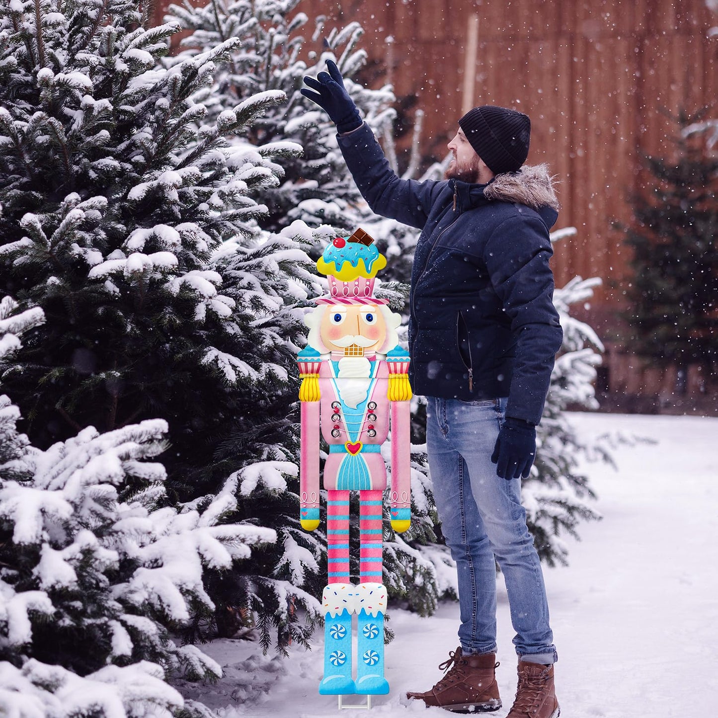 GlikCeil 39'' Outdoor Pre-lit Christmas Pink Nutcracker Yard Sign Candy Cane Theme Yard Nutcracker Large Metal Windproof Rainproof Solar Garden Stake for Xmas Outside Party Patio Home Pathway