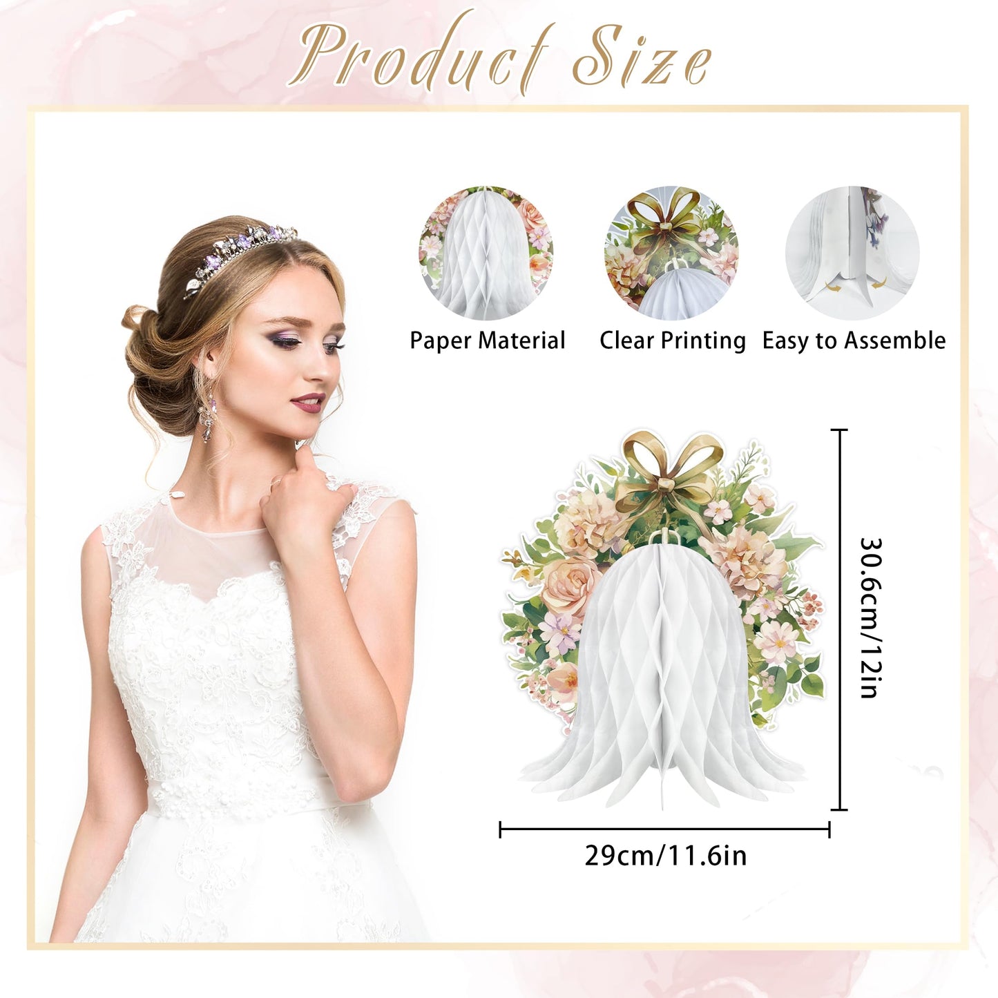 6PCS Paper Wedding Bells, Large Hanging Bells Honeycomb Decorations Flower Ornaments for Wedding Bridal Shower Birthday Baby Shower Christmas New Year Party