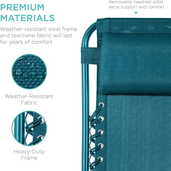 Best Choice Products Set of 2 Adjustable Steel Mesh Zero Gravity Lounge Chair Recliners w/Pillows and Cup Holder Trays - Peacock