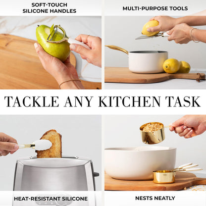 White & Gold Cooking Utensils Set - Luxe 8-Piece Kitchen Gadget Set Includes Can Opener, Tongs and Garlic Press - Stylish White and Gold Kitchen Accessories for Modern Kitchens, Ideal for Gifting