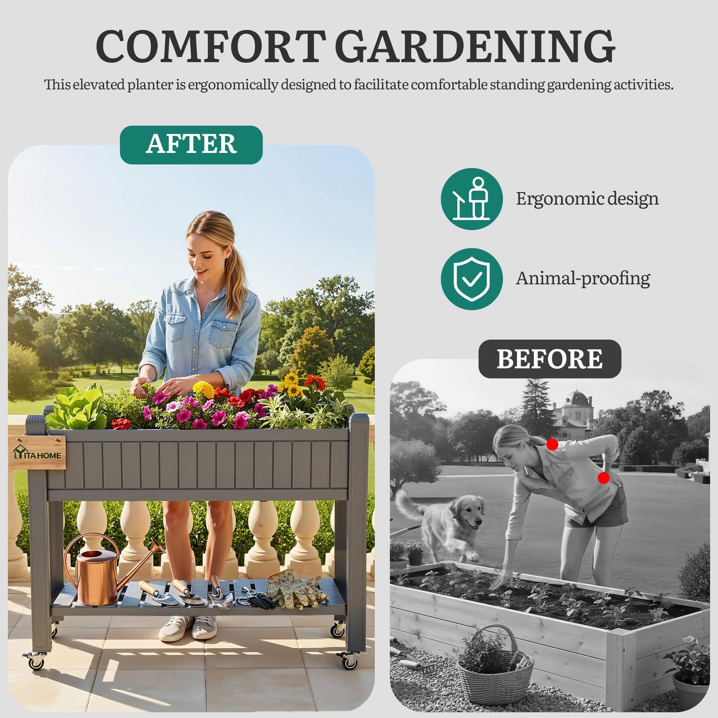 YITAHOME 42.5x17.3x35.4 in Raised Garden Bed, Outdoor Plastic Planter Box with Wheels, Legs, Drain Plug, and Storage Shelf for Plants, Vegetables, Flowers, Herbs, Brown