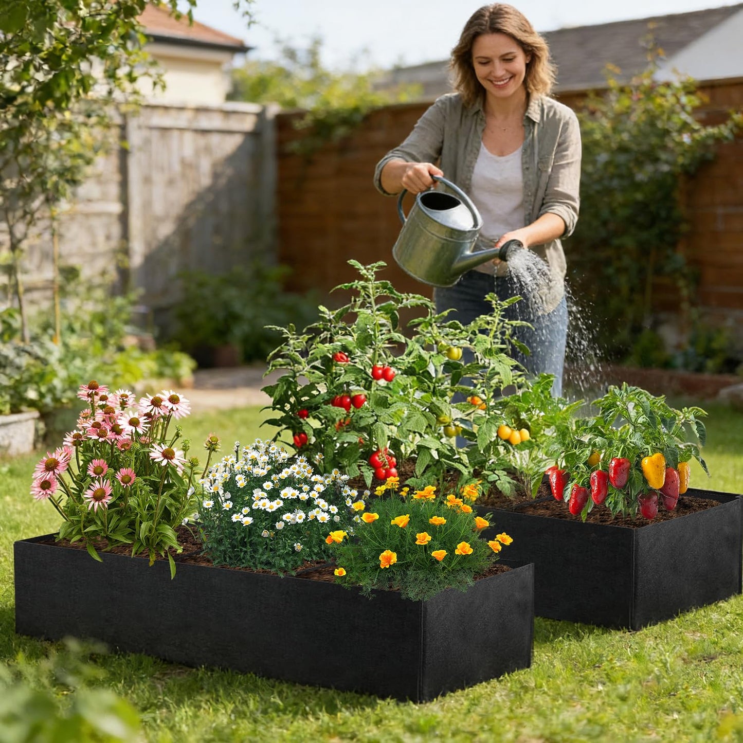 X-Kingsun 2Pack 4x2x1ft Fabric Raised Garden Bed 3 Grids Breathable Garden Growing Bags with Handle Square Planting Containers for Planting Herbs Flowers and Vegetables,57 Gallon