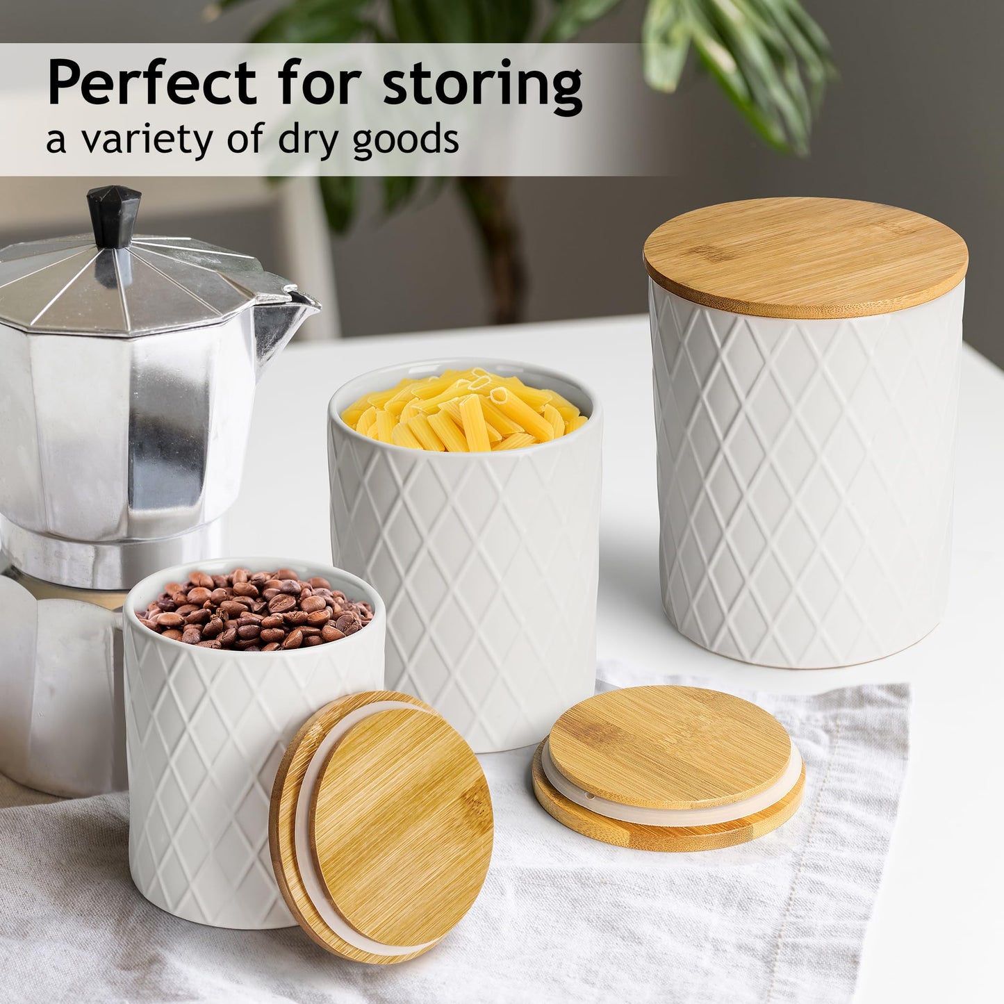 MIAMIO – Set of 3 Canister Sets for Kitchen Counter, Ceramic Kitchen Canister Set with Airtight Seal Wooden Lid - Perfect for Coffee, Tea, Sugar, Flour, Tea, Salt and More