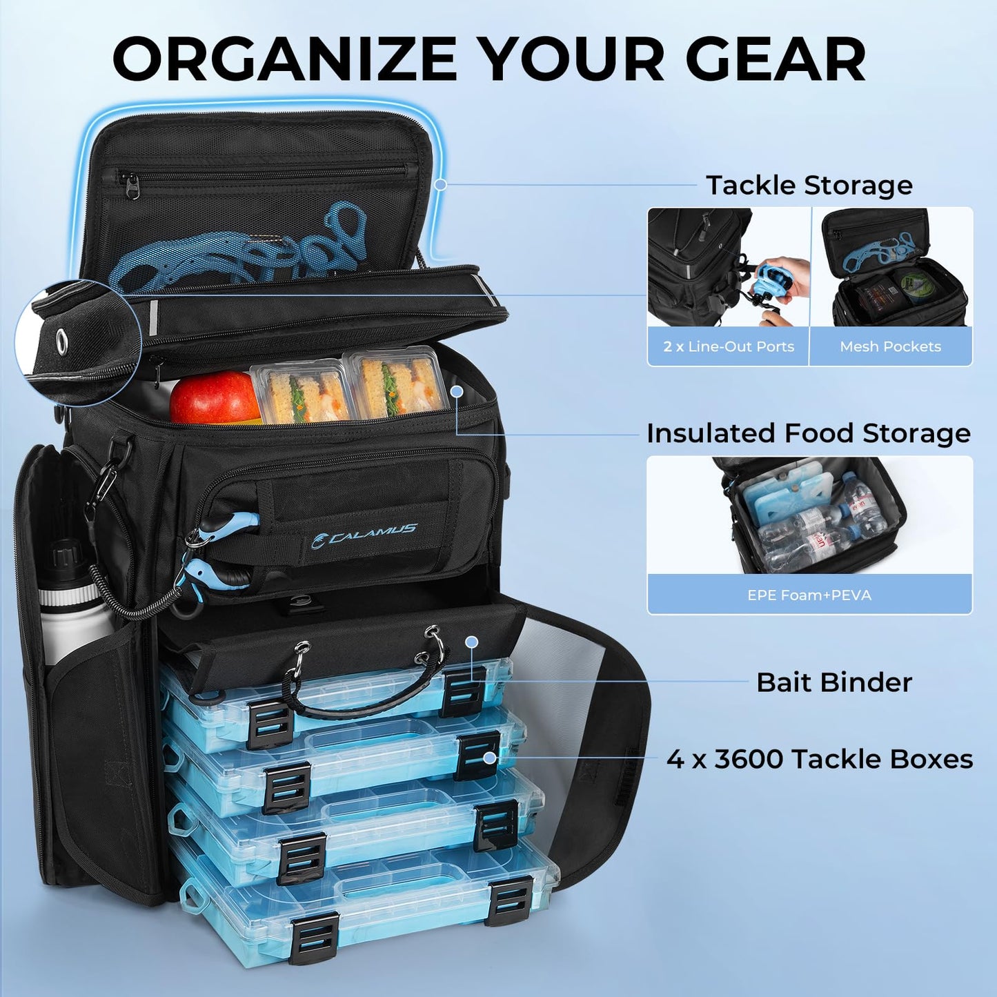 Calamus GearMaster Tackle Backpack with Bait Binder, Large Lightweight Water-Resistant Fishing Bag, Rod Holders, Food Storage