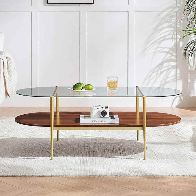 LumFurn X-Large Oval Glass Coffee Table, Mid-Century Modern Design, L47 x W24 x