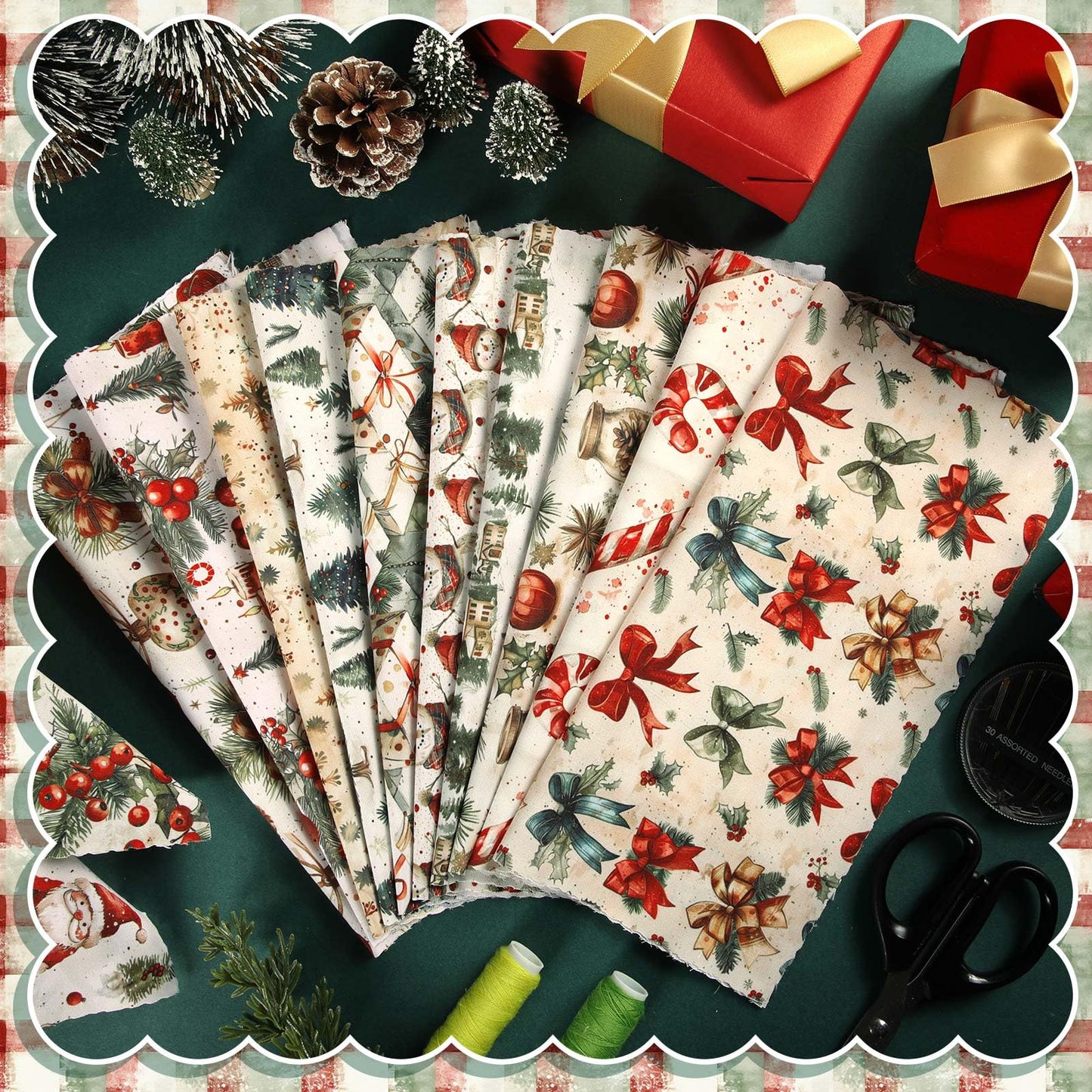 FuWeave 60 Pcs 10 x 10 Inch Vintage Christmas Quilting Fabric Christmas Fat Squares Patchwork Precut Gingerbread Man Santa Snowman Fabric Bundles for Xmas Winter Quilting Crafting DIY Craft Sewing