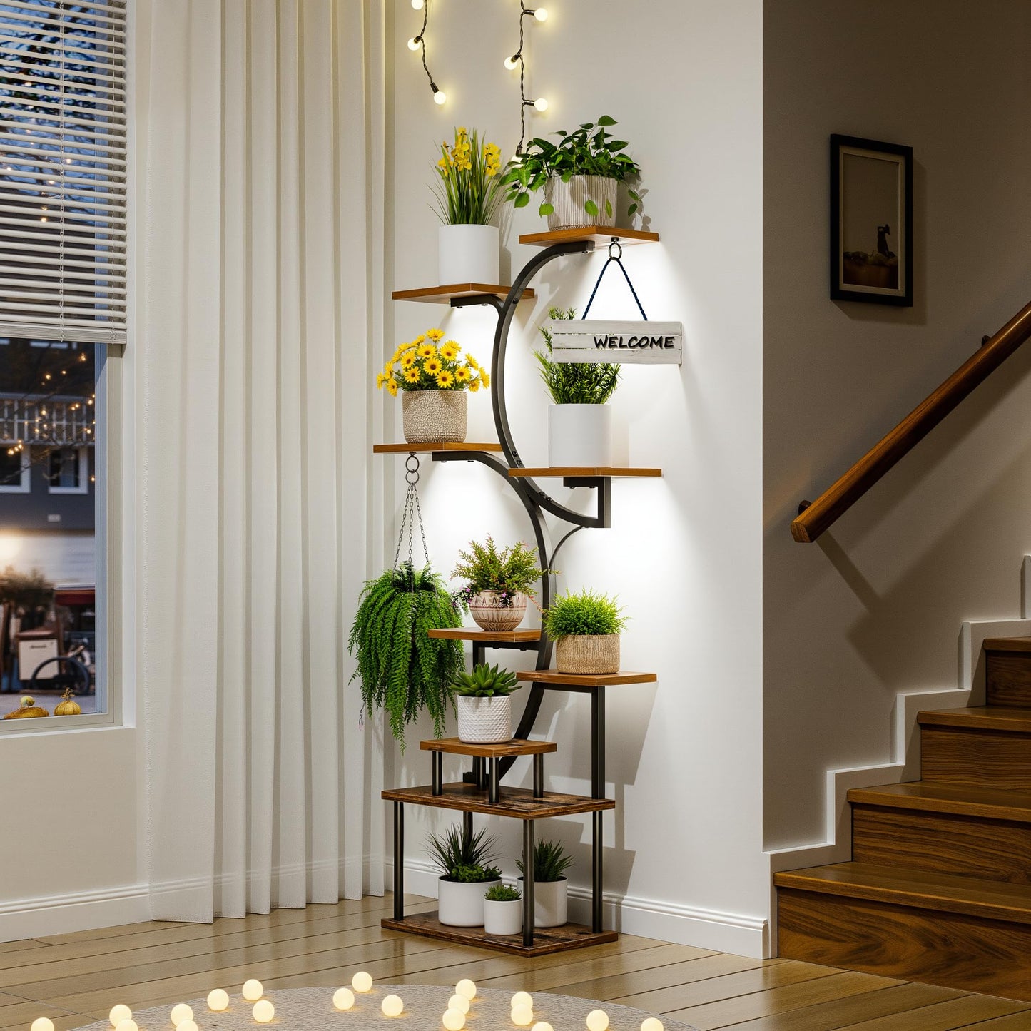 VECELO 66.1" Tall Plant Stand Indoor with Grow Lights, 9-Tier Plant Shelf with Hanging Hooks, S-Shaped Metal Plant Rack, Space-Saving for Home, Living Room & Corner Spaces, Brown