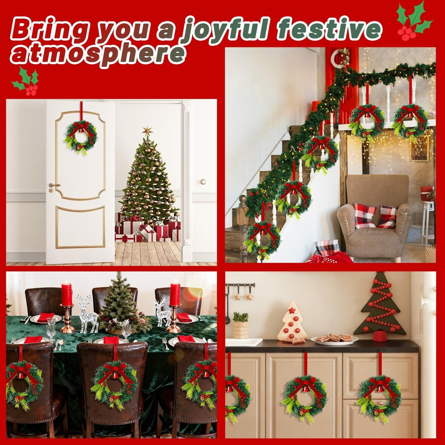 Wurosi 8 Pcs Mini Christmas Wreath, 7.87 Inch Christmas Kitchen Cabinet Wreaths with Velvet Ribbon and Berry, Small Christmas Wreaths for Cabinets Window Front Door Porch Wall Decor