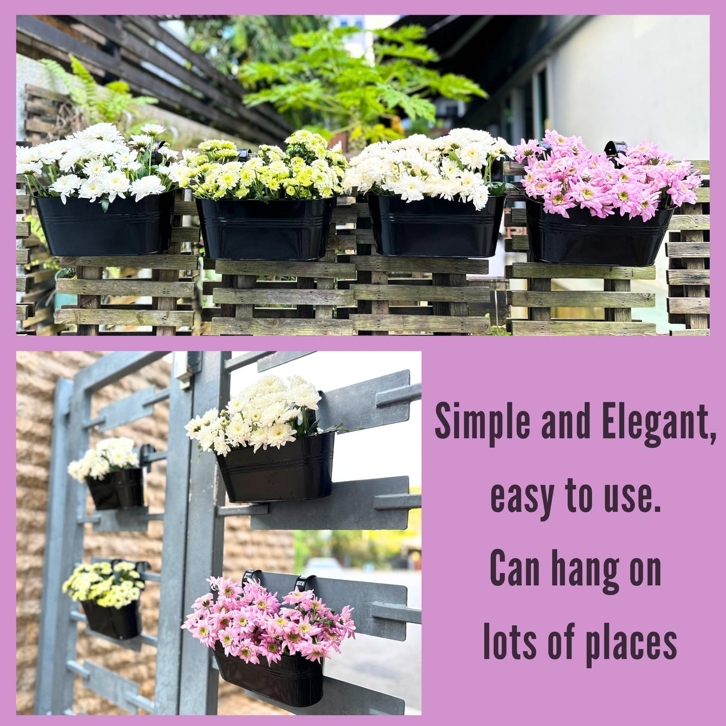 LaLaGreen Outdoor Plants Rail Planter (11.2 Inch, 10 Pack) Black Metal Iron Hanging Flower Pots Deck Railings Fence Buckets Modern Boho Style Wall Mount Window Box Plant Holder Hooks Porch Home Decor