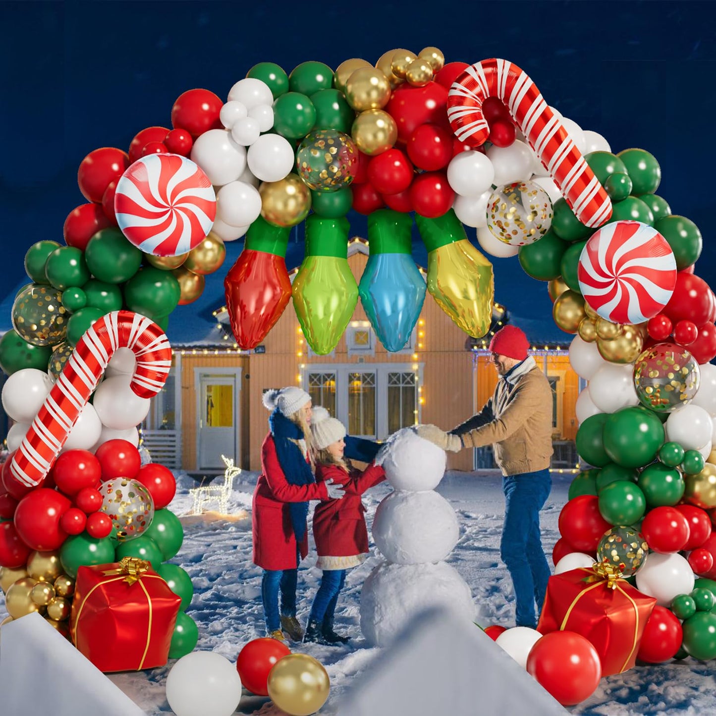 Grcypa 145Pcs Christmas Balloon Garland Arch Kit with Xmas Red White Green Gold Confetti Balloons Light Bulb Candy Cane Gift Box Foil Balloons for Christmas Party Decorations New Year Party Supplies
