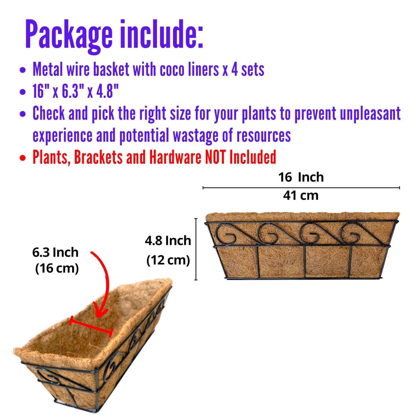 LaLaGreen Wall Mounted Planters - 16 Inch, 4 Pack Window Flower Boxes Basket Outdoor, Balcony Planter Over the Rail, Deck Railing Hanging with Coco Liners, Metal Horse Troughs Fence Patio Porch