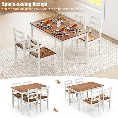 Tangkula Dining Table Set for 4, Solid Wood, Farmhouse Dinette Set w/Rubber Wood Legs, Mid-Century Modern, Compact Dining Table and Chairs Set for Kitchen, Dining Room (Brown+White)