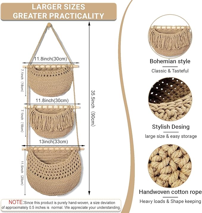 3 Tier Hanging Fruit Baskets for Kitchen, Boho Cotton Rope Handwoven Vegetable