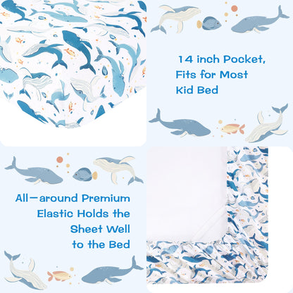 lasoftan Kids Sheet Set Twin Size, Twin Sheet Set with Marine Whales Pattern，Breathable Silky Soft Microfiber Kids Fitted Sheet