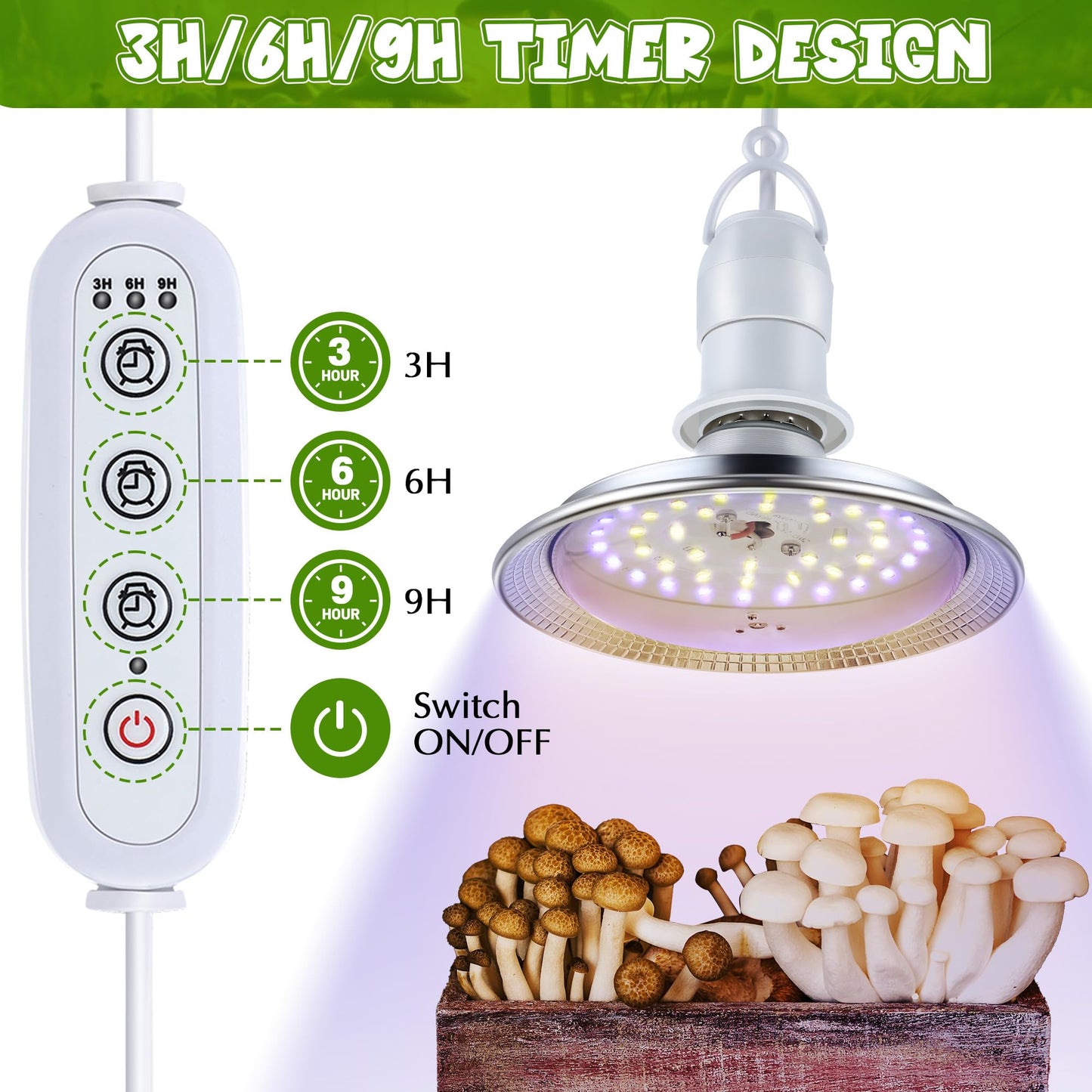 Meonum Mushroom Grow Light with 3/6/9 Hour Timer, 360° LED Hanging Grow Lights Bulb for Mushroom with 6.5ft Extension Cord, 6000K Blue&5000K White Lamp for Indoor Plants Growing Kit Supplies(2 Pack)