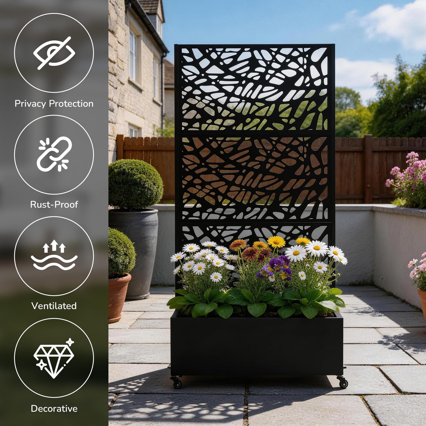 UIXE Metal Planter Box with Trellis, Outdoor Galvanized Raised Garden Bed with Privacy Screen & Drainage Holes, All Weather Lockable Casters Patio Planter for Backyard, Organic Fracture - 71"H x 35"W