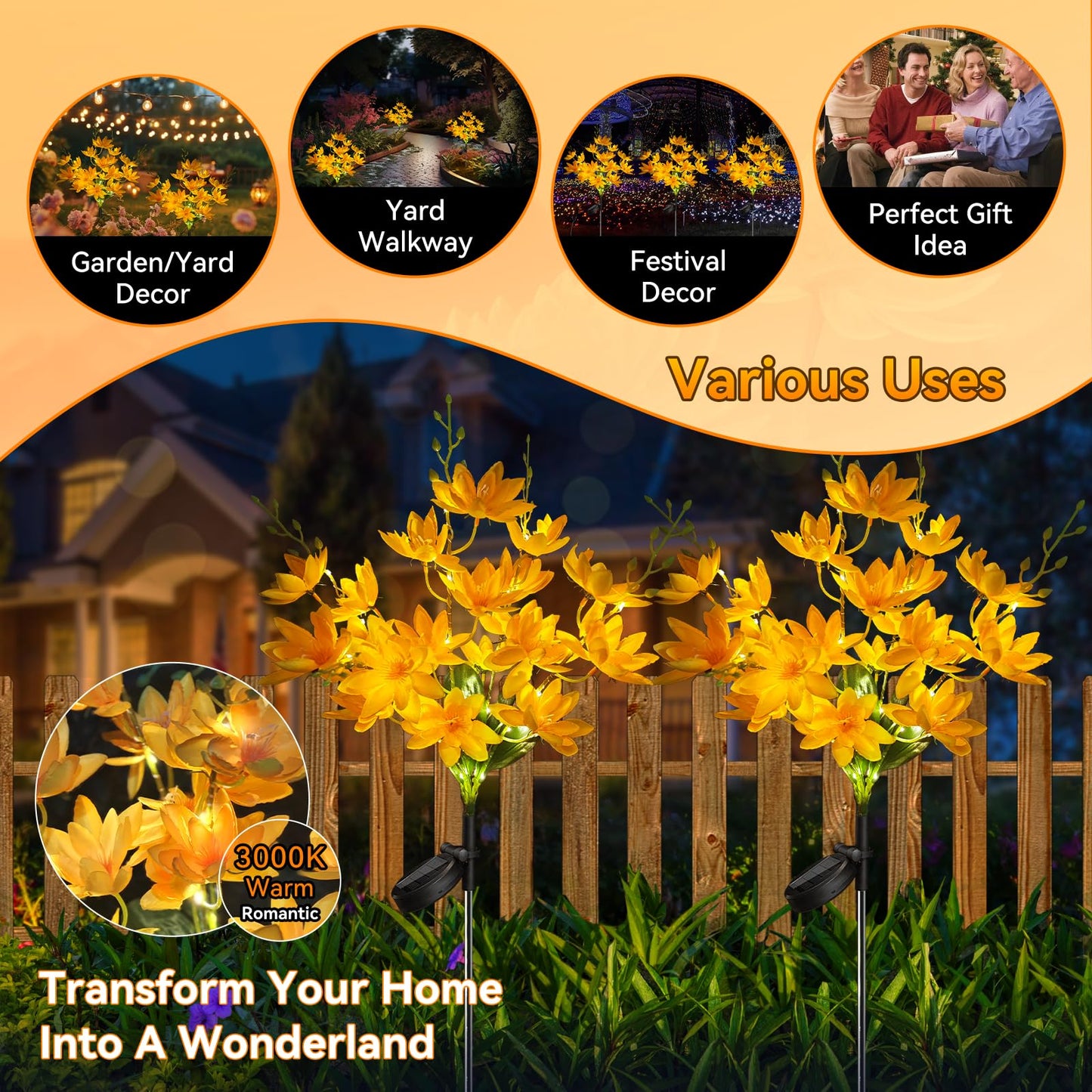 Neporal Solar Flowers Outdoor Waterproof IP65, 5-Head Snow Lotus with 20+ Flowers, Warm LED Light & 2 Lighting Modes, Decorative Solar Lights Outdoor Garden, Yard, Pathway, Flower Bed (2-Pack, Yellow)