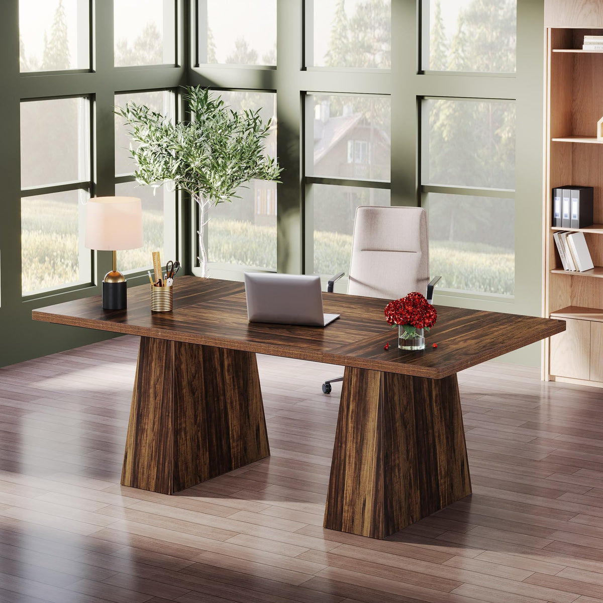 Tribesigns 63-Inch Executive Desk, Large Office Computer Desk with Double Pedestal, Modern Simple Workstations Writing Table Conference Table Business Furniture for Home Office, Rustic Brown