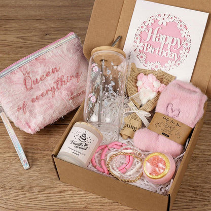 MUGIQUE Birthday Gifts for Women, Birthday Gift Basket with Glass Cup, Happy Birthday Gift Box for Women Teen Girl, Gifts for Sister Daughter Best Friend, Self Care Gift Set,Pink Floral