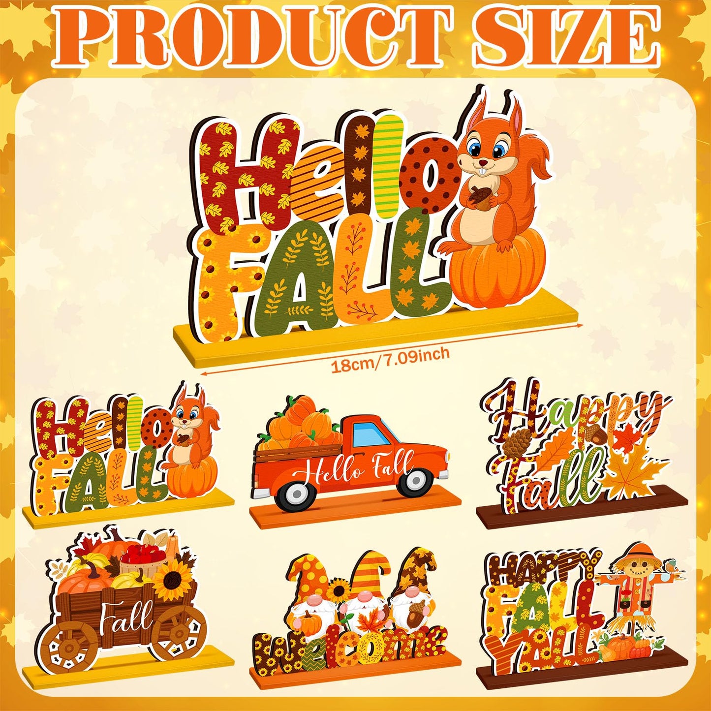 CroBlissful 6 Pcs Thanksgiving Decorations for Home Fall Table Centerpiece Hello Autumn Wooden Table Sign Pumpkin Gnome Truck Wood Tabletop Decor Harvest Party Decorations, 6 Styles