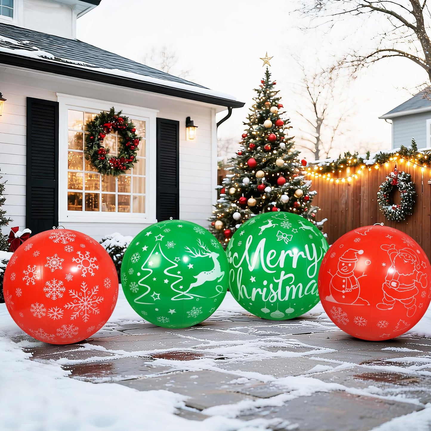 Wlicon 4 PCS 24 Inch Christmas Inflatable Balls Outdoor Inflatable Christmas Ball Ornaments for Xmas Garden Lawn Yard Holiday Front Door Window Decoration