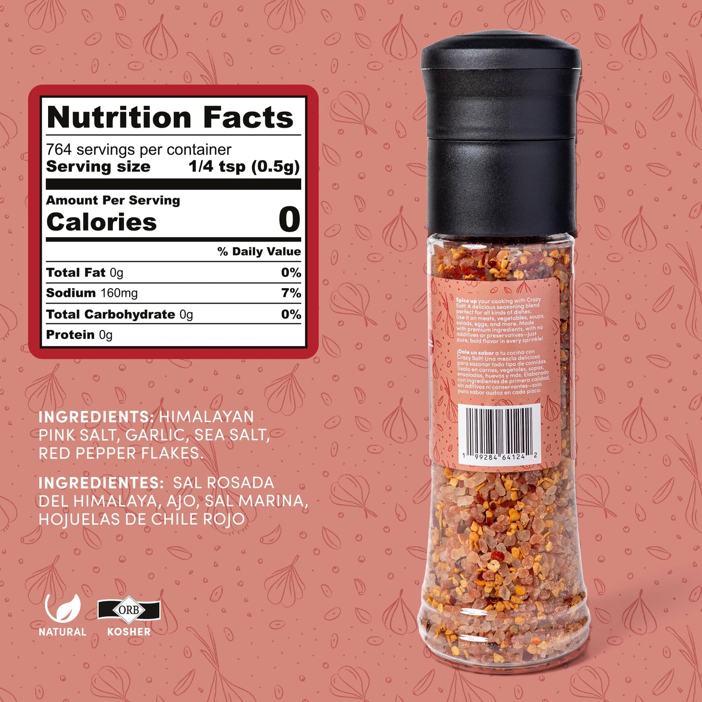 My Secrets Peggy’s Food Crazy Salt Himalayan Pink Salt - Fine Grain Gourmet Seasoning with Sea Salt, Garlic and Red Pepper Flakes, Natural Salt Mix for Cooking, Seasoning, Grilling, Baking, Table Use, No Additives, Premium Flavor, 13.5 oz