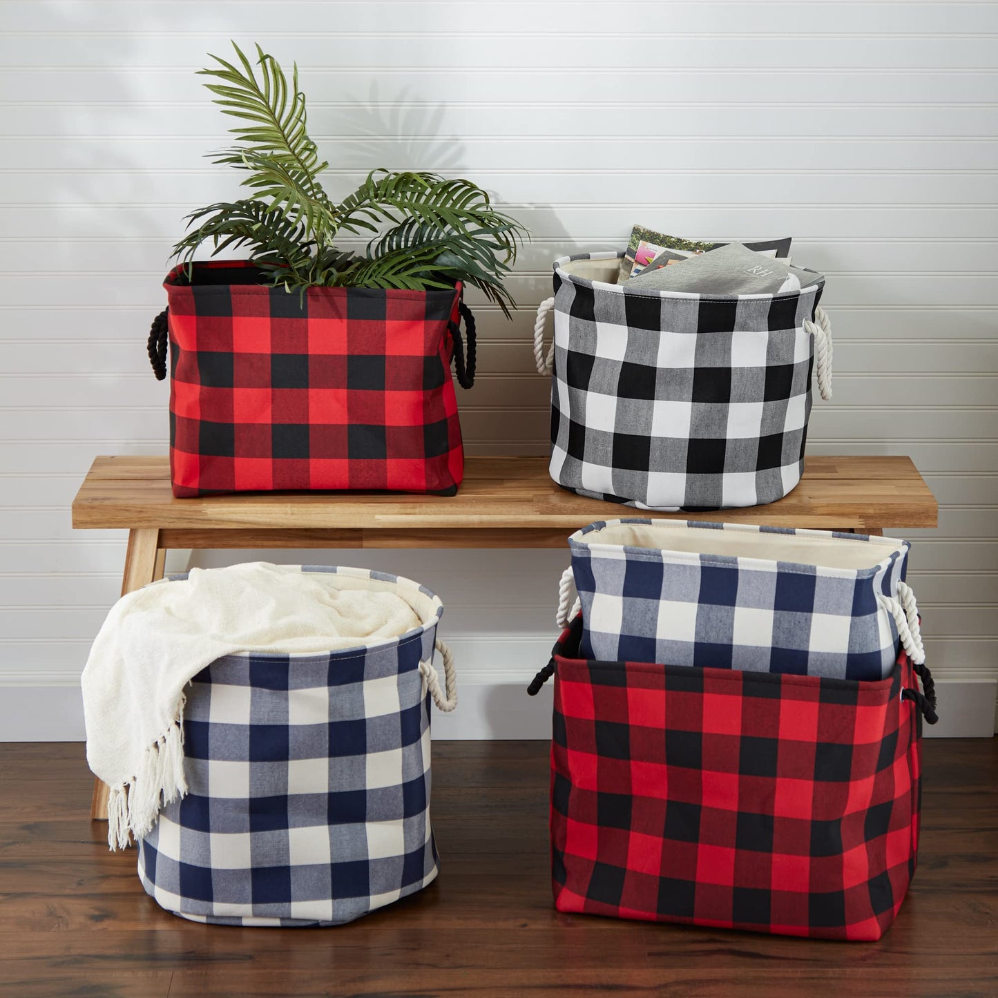 DII Buffalo Check Storage Collection Collapsible Bin with Handles, Medium Rectangle, 16x10x12, Navy & Off-White