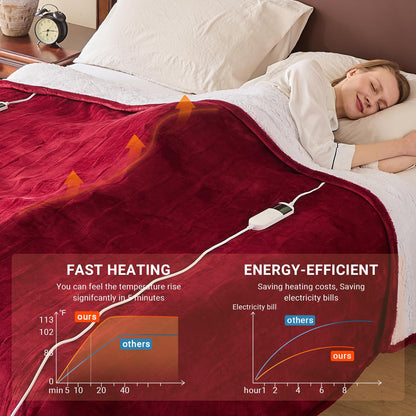 Electric Heated Blanket Queen Size 84''x90'' Soft Flannel & Sherpa Electric Blanket with 10 Heating Levels, Automatically Shut Down After 8h with Overheat Protection Machine Washable