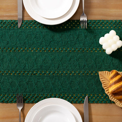 Socomi Boho Table Runner Fall Thanksgiving Farmhouse Rustic Dining Kitchen Centerpiece Decor Small Macrame Woven Cotton Linen Coffee Table Runner for Dresser Scarf Home Decor 12x48 inch Emerald Green