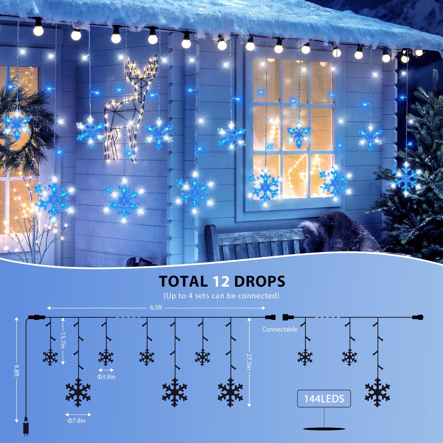 Qunlight Christmas Snowflake Icicle Lights,6.5ft 144LED Curtain Lights with 12 Drops,Timer 8 Modes Connectable,Waterproof Fairy Light for Eaves, Garden, Indoor Outdoor Xmas Decoration (Blue White)