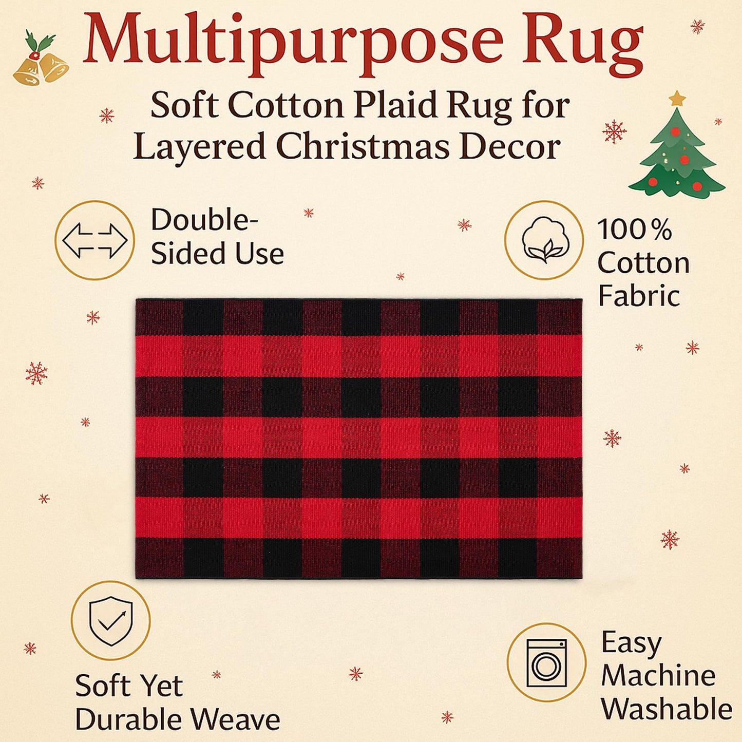 Christmas Door Mat Combo Set - 100% Coco Coir Welcome Mat + 3' x 5' Red and Black Plaid Rug, Christmas New Year Holiday Collection Doormat for Front Porch Entryway Decorative