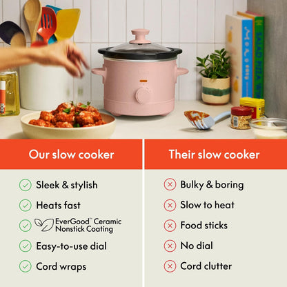 bella 1.5 Qt Slow Cooker with 3 Heat Manual Control, Ceramic Nonstick Coating, Dishwasher Safe Stoneware Pot and Tempered Glass Lid, Tangle Free Cord Wrap & Cool Touch Handles, Blossom