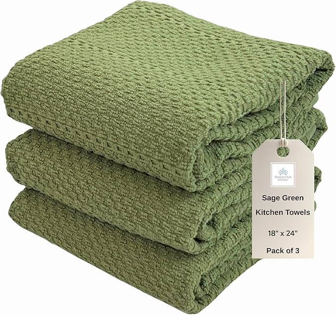 Serafina Home Dark Sage Green Kitchen Hand Dish Towels: Oversized 28" x 18"