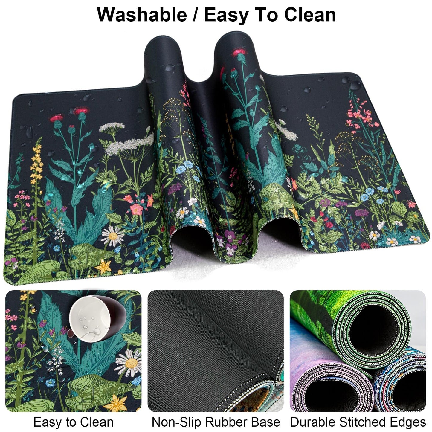 Keyboard Wrist Rest + Mouse Pad with Wrist Support + Desk Mat + Coaster 4 in 1 Set, XXL Large Gaming Mousepad Cute Ergonomic Mouse Pads for Desk Computer Laptop Office Decor-Little Flowers