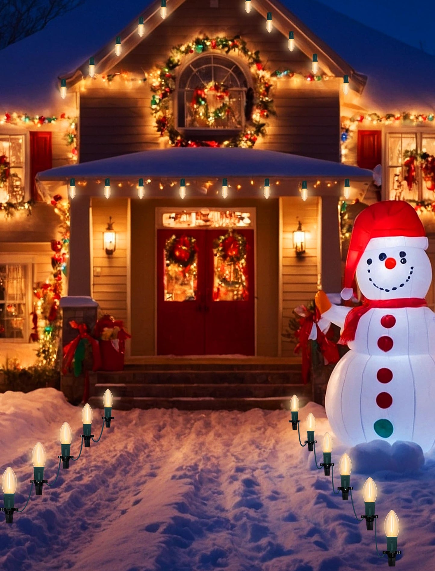 C9 Christmas Pathway Lights Outdoor 38Ft Connectable C9 LED Christmas String Lights with 25 LED Warm White Stakes Lights for Walkway Outdoor Yard Driveway Lawn Decorations