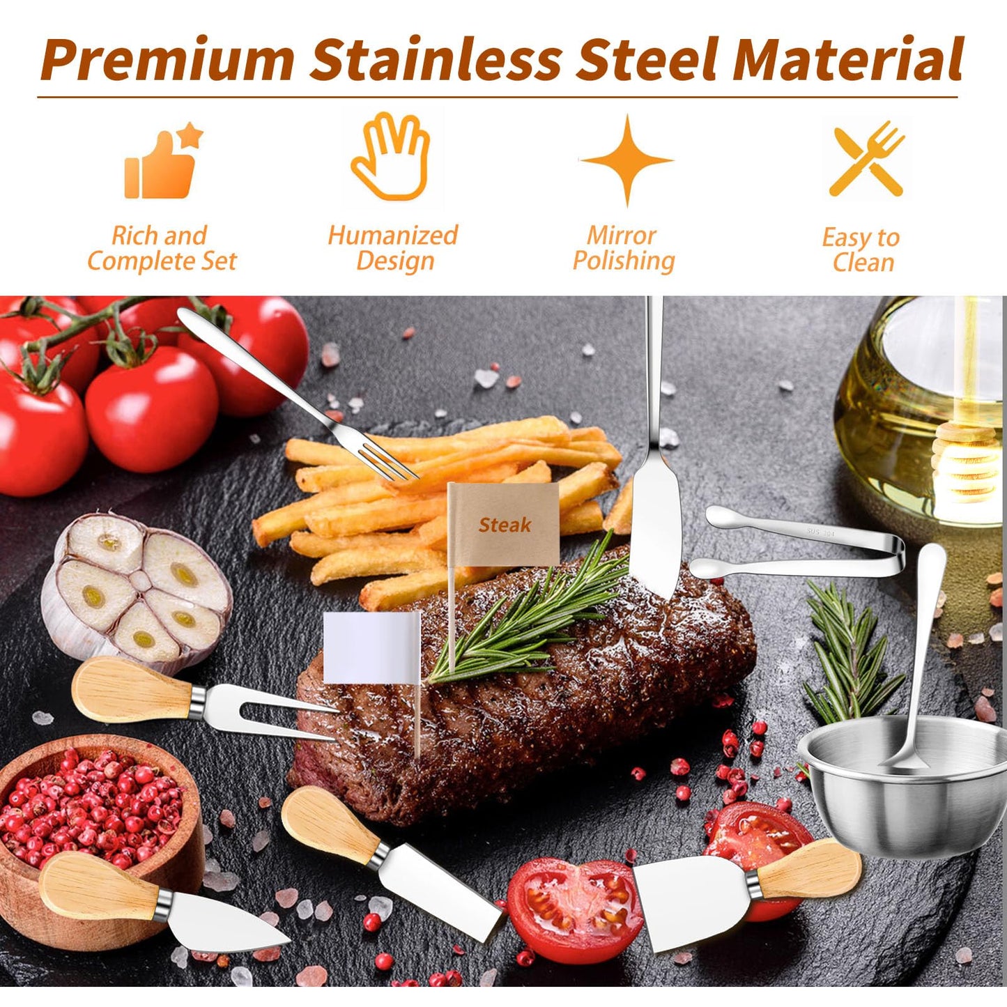 48 Pcs Charcuterie Boards Accessories Butter Spreader Knives Set Stainless Steel Cheese Mini Serving Tongs Spoons Forks Dipping Bowl Toothpick Flags Utensil for Pastry Making Wedding Christmas(Sliver)