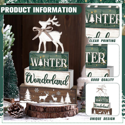 Yousoontic 4 Pcs Winter Decor Woodland Christmas Wooden Sign Blocks Table Centerpiece with Reindeer Snowflakes Trees Rustic Holiday Decorations for Farmhouse Winter Home Indoor