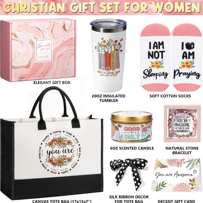 Christian Gifts for Women Faith, Inspirational Religious Gifts for Women, Catholic Spiritual Gift Basket, Unique Mothers Day Birthday Gifts for Women Mom Sister Friends Wife Grandma w/Canvas Tote Bag